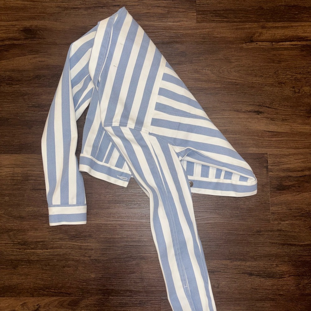 Blue and white striped denim jacket